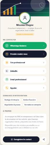 Aperçu miniature de la page de contact fictive de Moussa Diagne, consultant indépendant : avatar rond à anneau dégradé et boutons de liens empilés